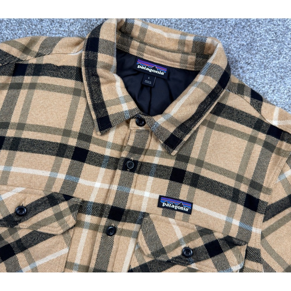 Patagonia Insulated Fjord Flannel Jacket Men's Large Tan Plaid Organic Cotton